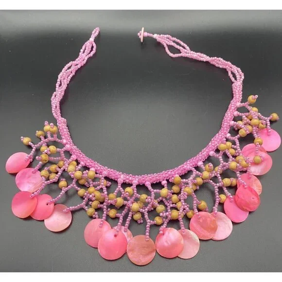 Pink Disc Bead Statement Necklace Shell Wood Artisan Handcrafted Barbiecore Boho - Picture 2 of 4